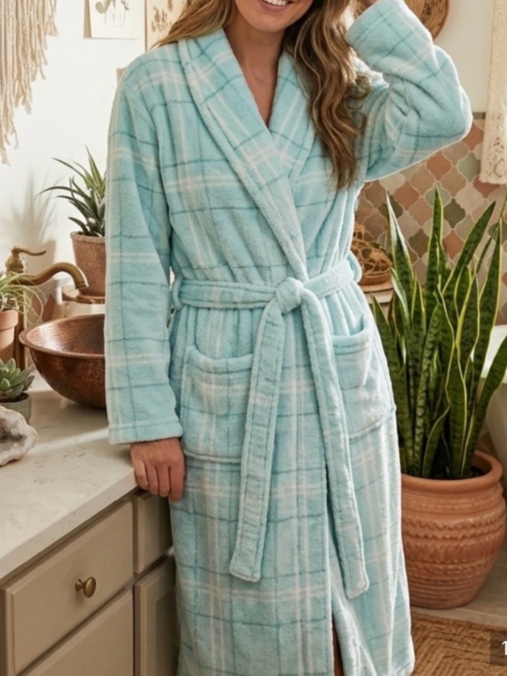 Light Blue Plaid Plush Robe with Belt